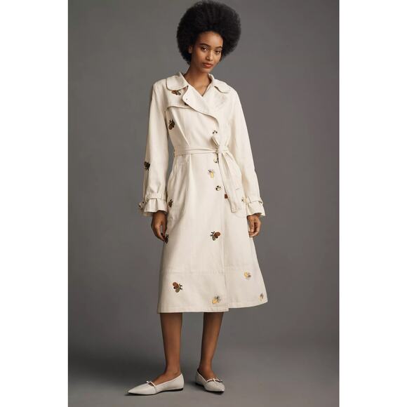 nwt ANTHROPOLOGIE MAEVE sz M Embroidered Bumble Bee Linen Trench Coat - Picture 2 of 6